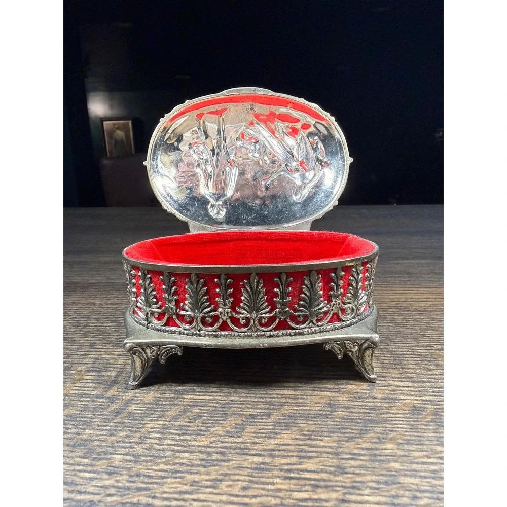 Vintage‎ Metal Jewelry Casket with Red Velvet Interior